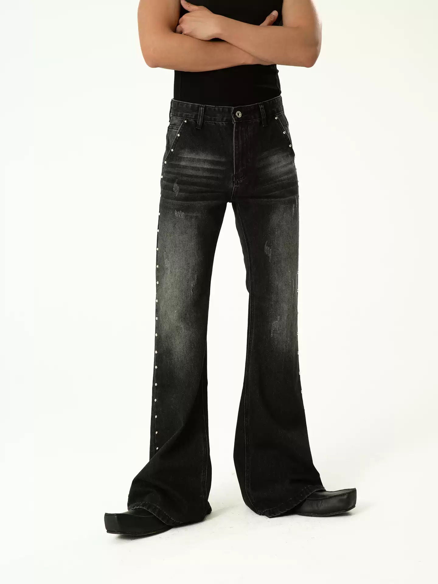CLP Blue Black Rivet Flare Jeans Men's Slim Straight Retro Washed Streetwear Y2K