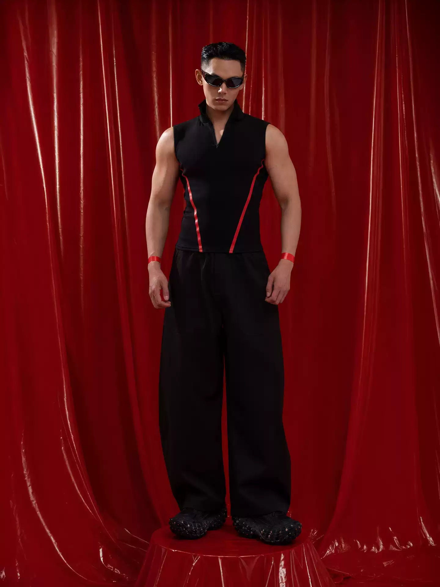 CLP Black Red V-Stripe Stand Collar Zip Sleeveless Polo Vest Men's Slim Fit Muscle Elastic Short Tight