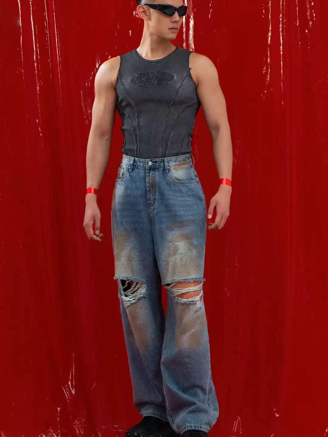CLP Dark Gray Frayed Cutout Knit Vest Men's Slim Fit Muscle Retro Streetwear