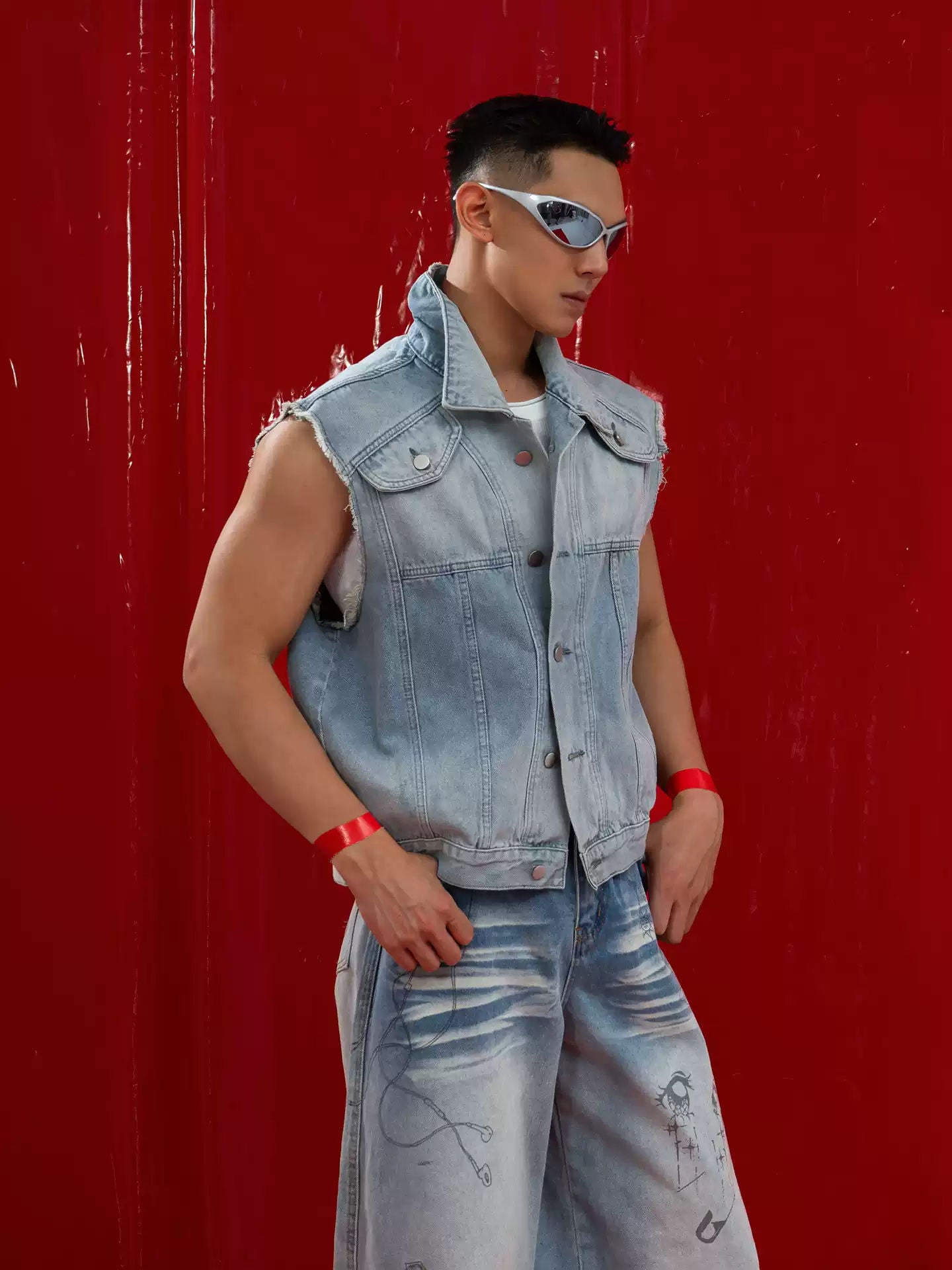 Light Blue Washed Denim Vest Men's Short Fringe Retro Loose Casual Streetwear