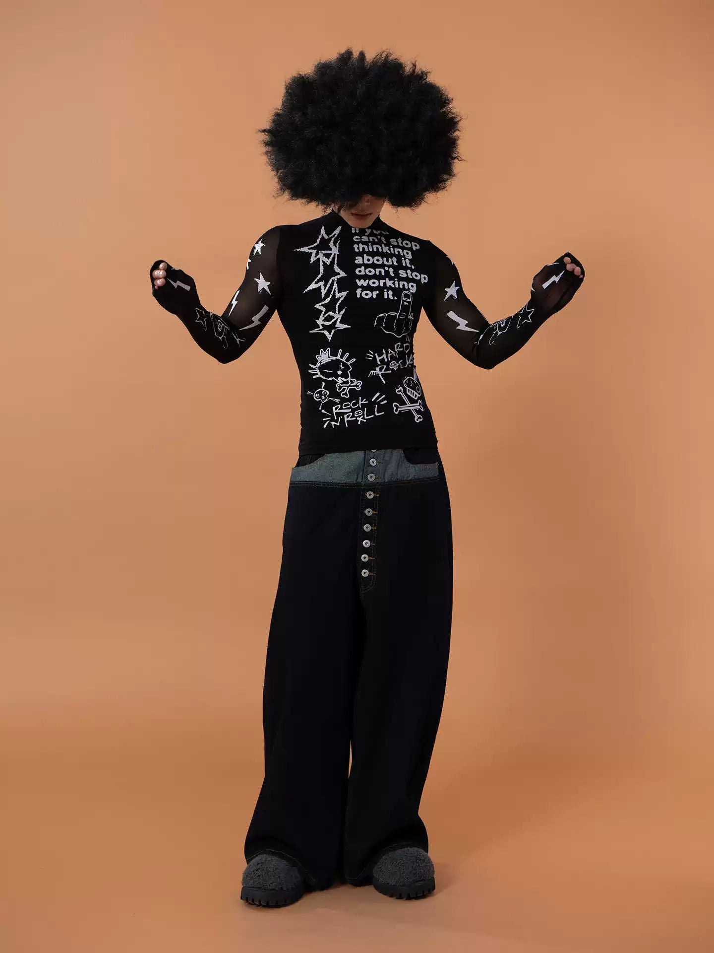 CLP Black Graffiti Print Cutout Mesh Long Sleeve T-Shirt Slim Fit Streetwear