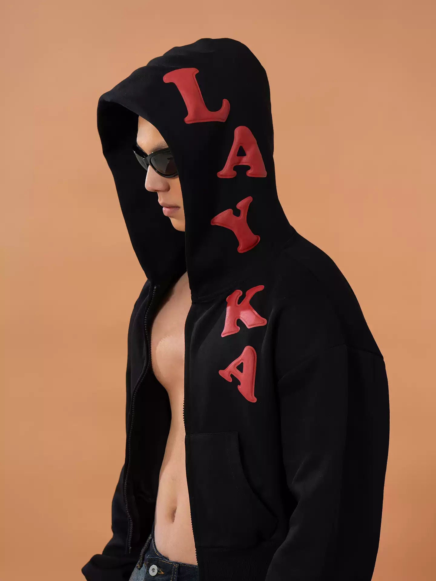 CLP Black Short Letter Print Hooded Sweatshirt Men's Stretchy Casual Streetwear