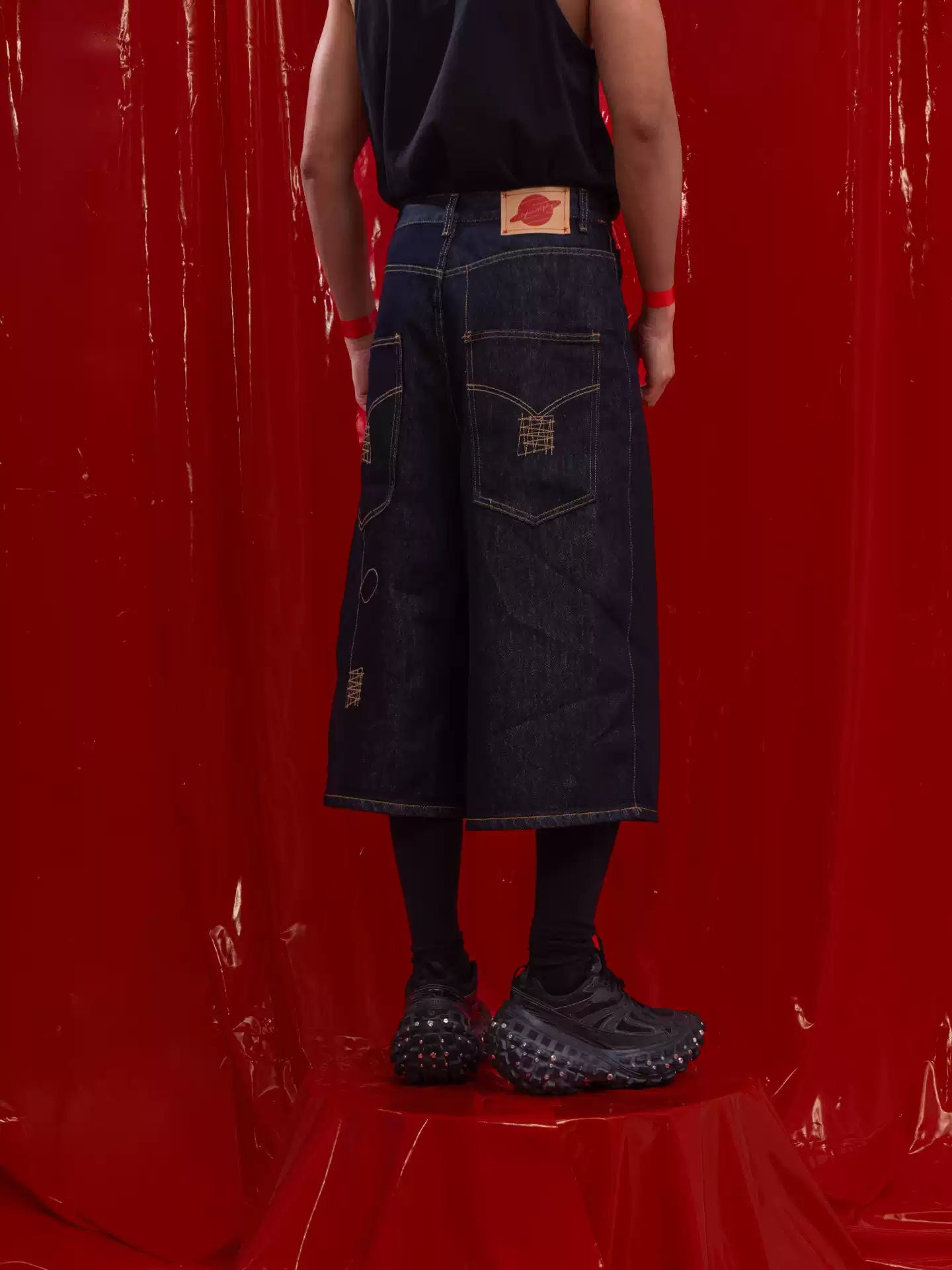 CLP Vintage Blue Button Fly Capri Jeans Men's Loose Straight Wide Leg Cargo Shorts Casual