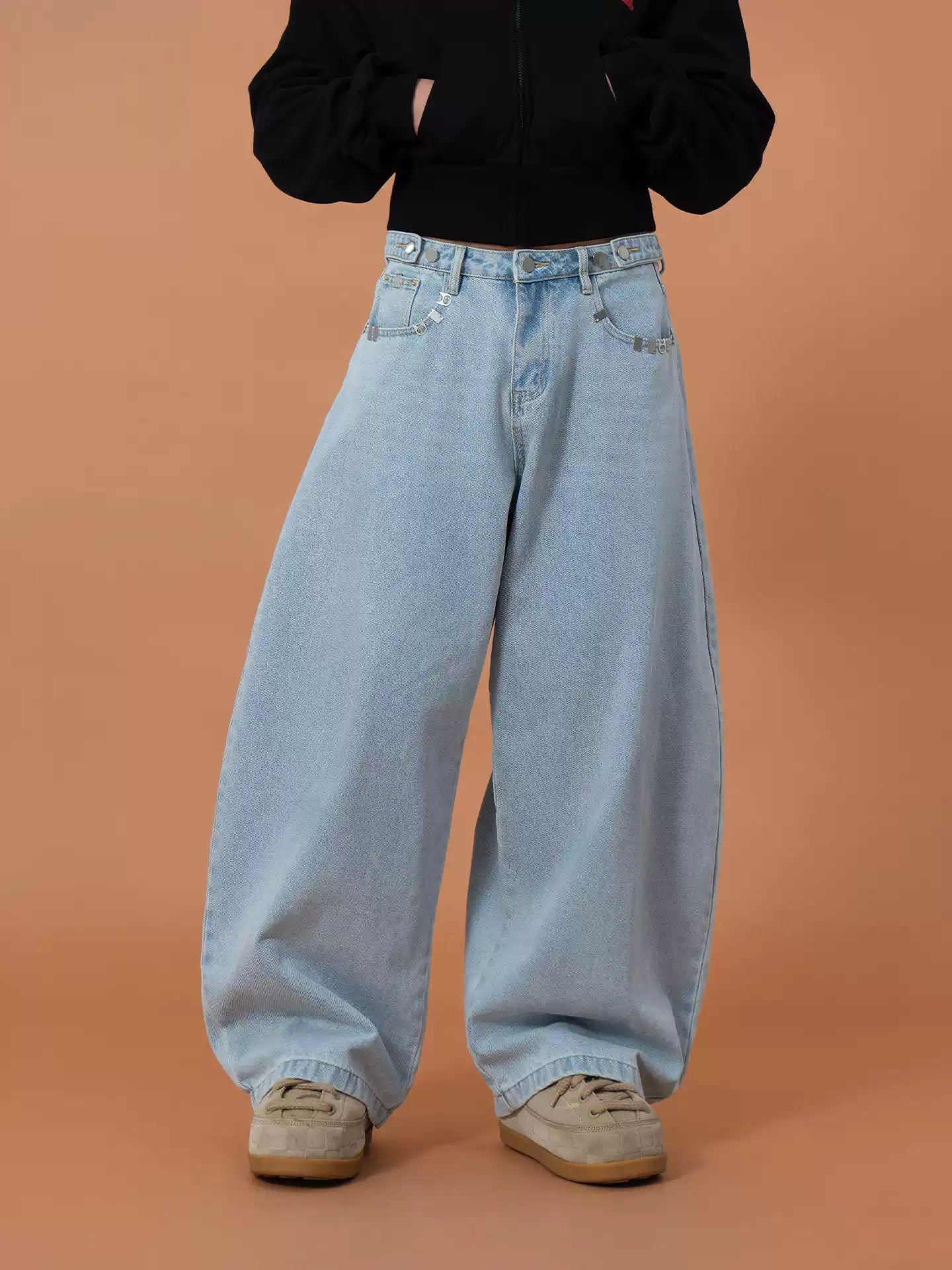 CLP Light Blue Metal Decoration Pocket Curved Knife Jeans Men's Loose Wide Leg Casual Retro