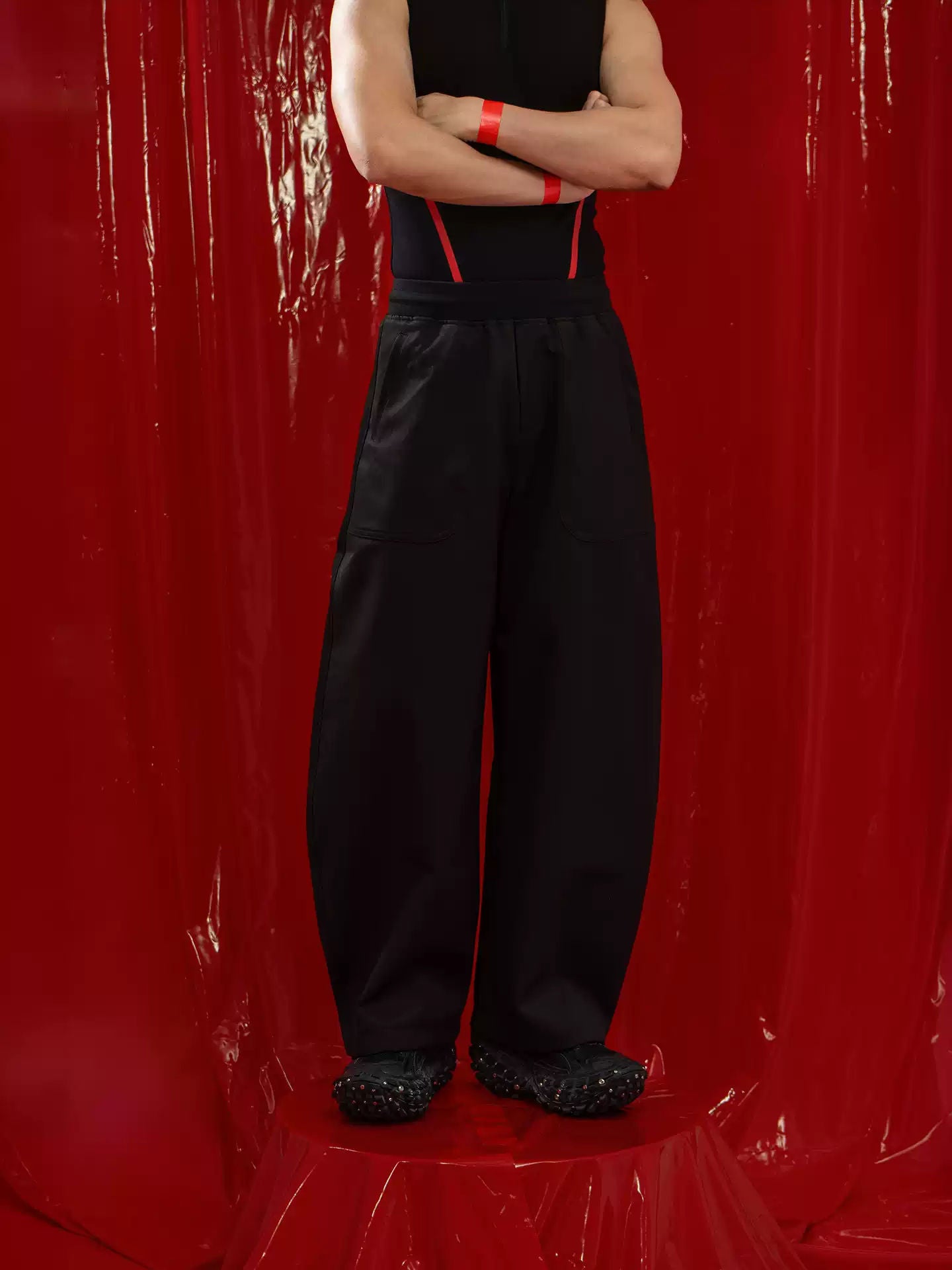 CLP Black White Sport Elastic Waist Drawstring Sweatpants Men's Curved Knife Wide Leg Loose Straight Casual