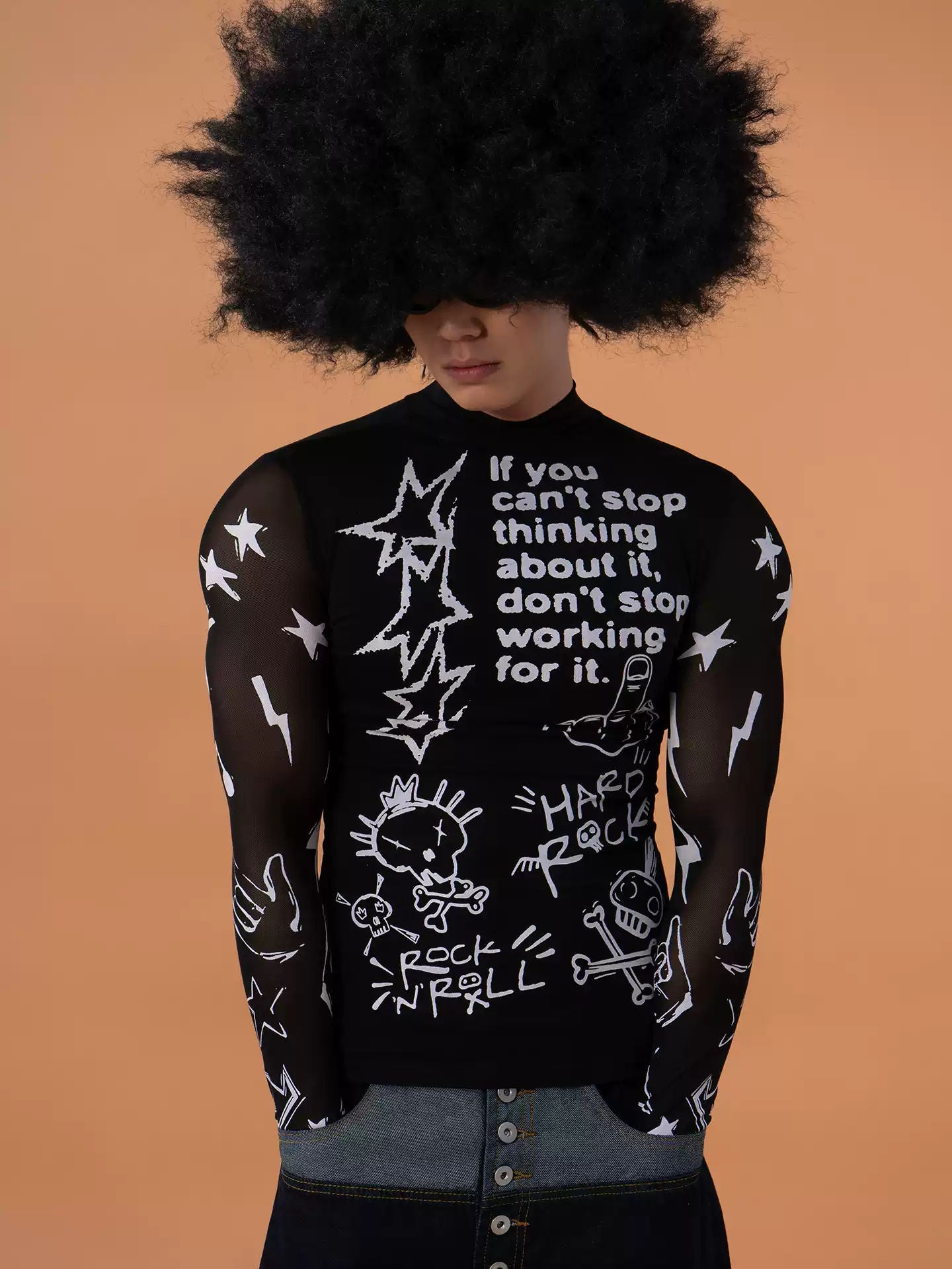 CLP Black Graffiti Print Cutout Mesh Long Sleeve T-Shirt Slim Fit Streetwear