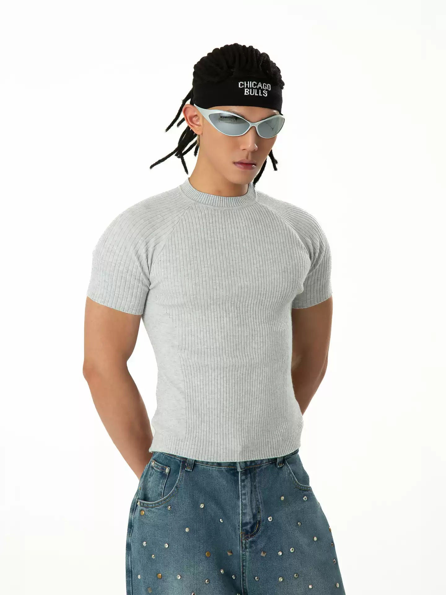 CLP Black White Gray Raglan Sleeve Knit Short-Sleeve T-Shirt Men's Slim Fit Elastic Casual Fitness Top