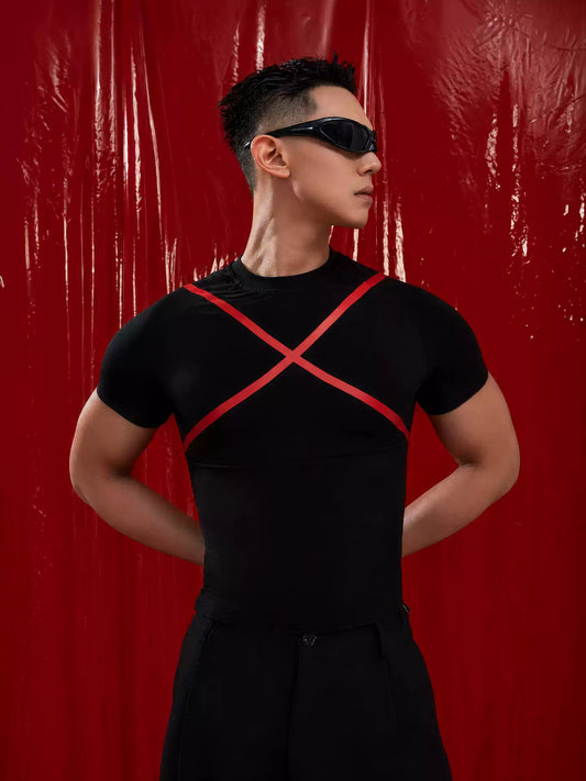 CLP Black Red X Cross Print Slim Short T-Shirt Men's Fitted Muscle Casual Stretch Top