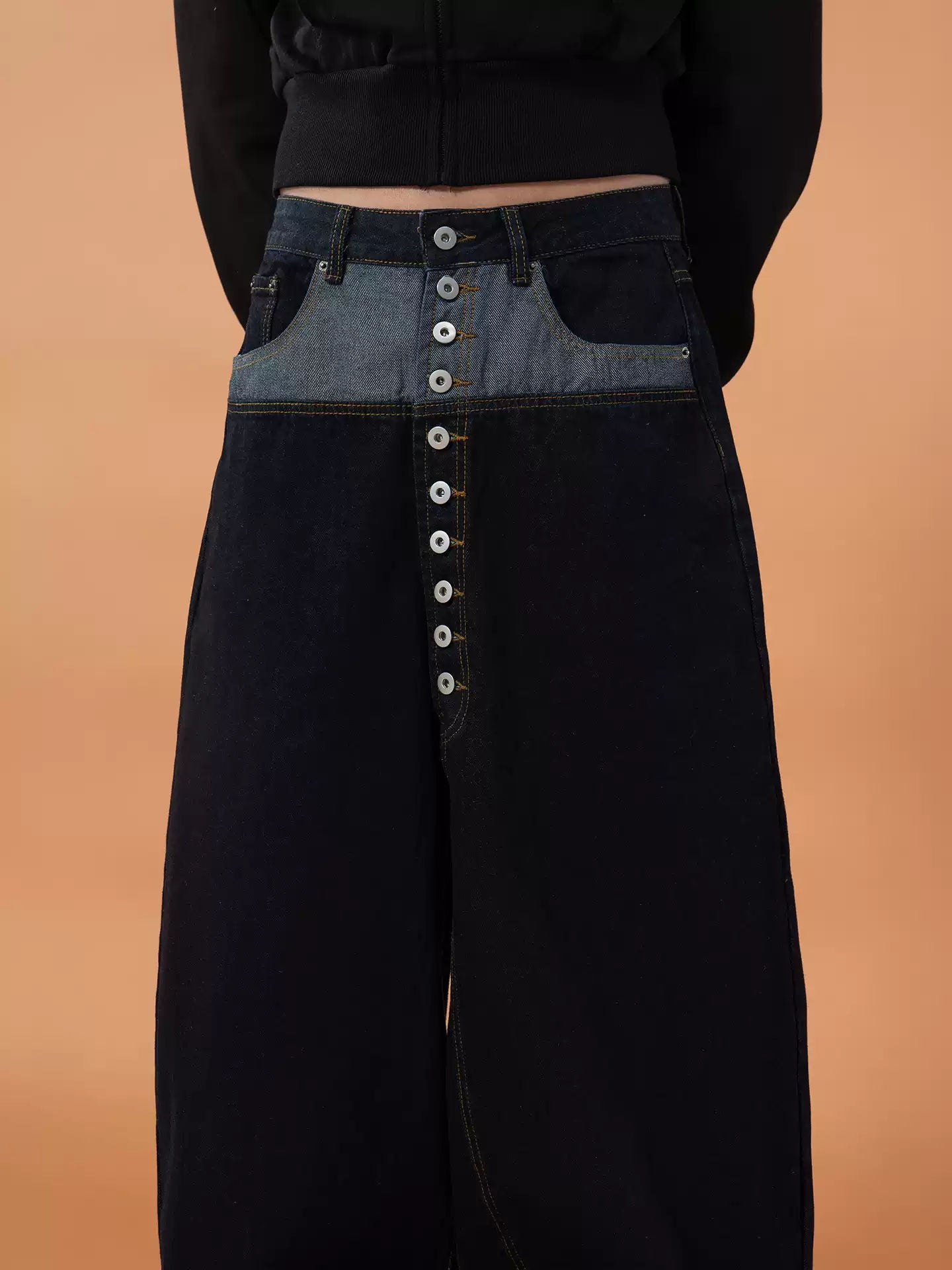 Blue Patchwork Button Work Jeans Men's Loose Straight High Waist Retro Streetwear