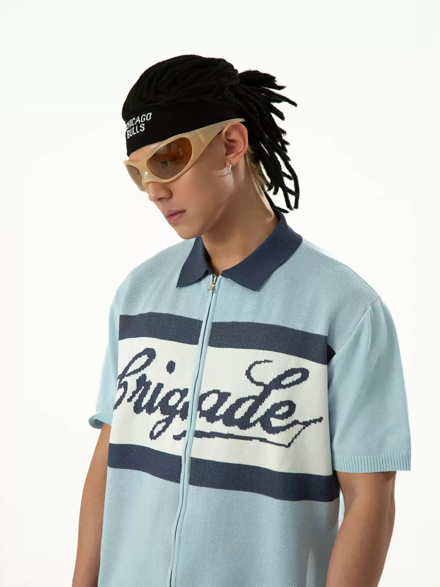 CLP Blue White Zip Polo Shirt Men's Short Sleeve Casual Knit Top Loose Streetwear