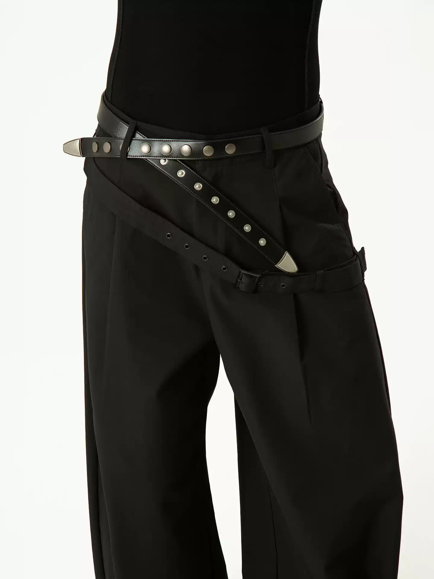CLP Black Belted Tapered Cargo Pants Men's Loose Dropped Crotch Retro Flared Streetwear