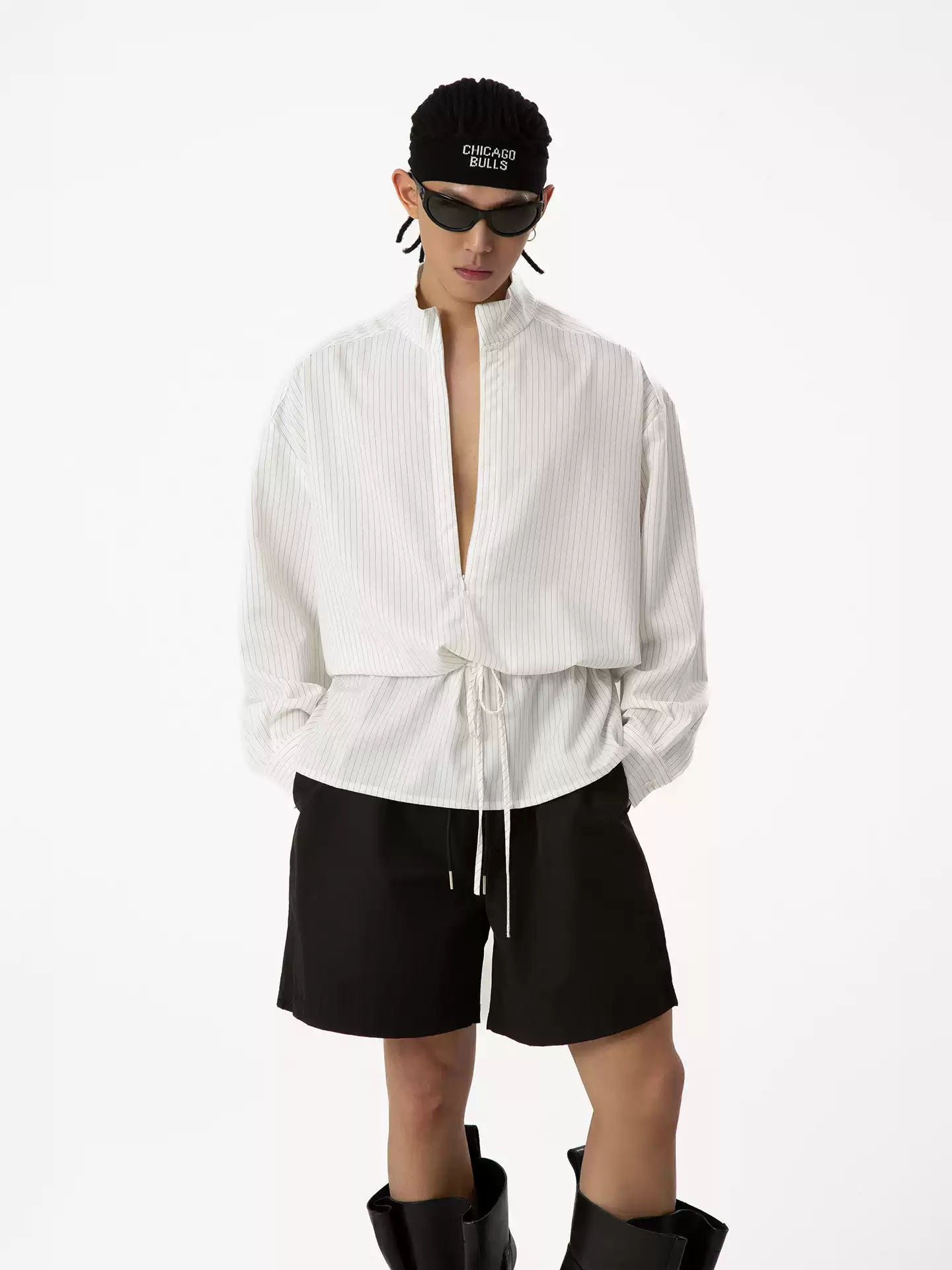 CLP White Drawstring Waist Stripe Shirt Men's Long Sleeve V-Neck Loose Casual Retro