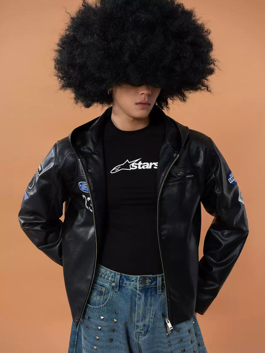 CLP Black Hooded Leather Jacket Men's Loose Retro Motorcycle PU Casual Streetwear