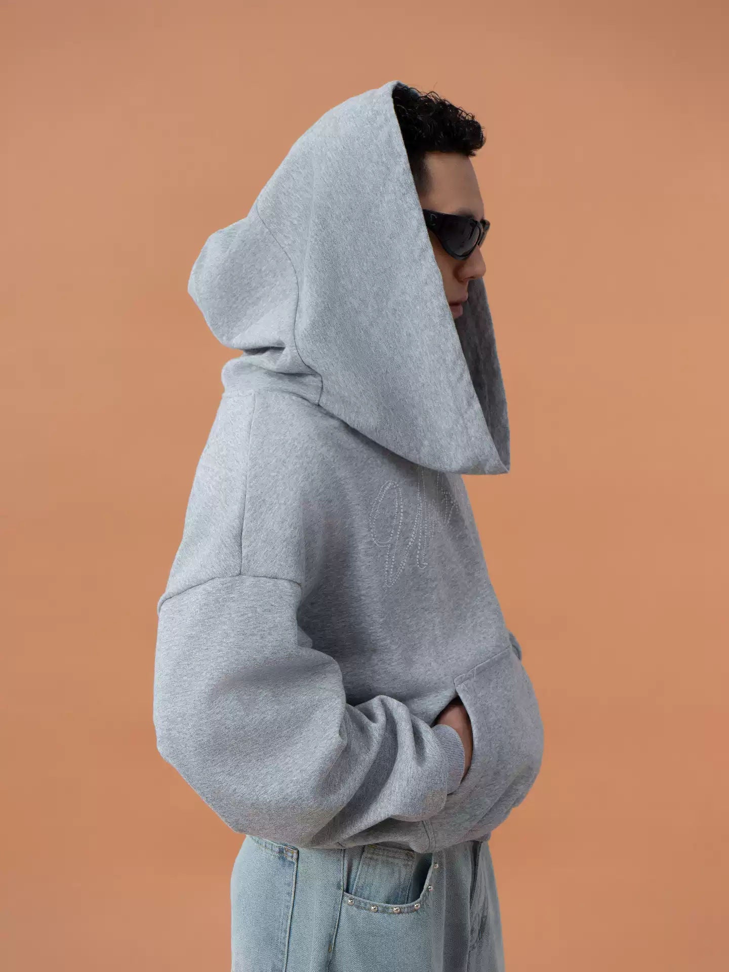 Gray Blue Letter Print Wide Collar Hoodie Men's Women's Loose Casual Streetwear