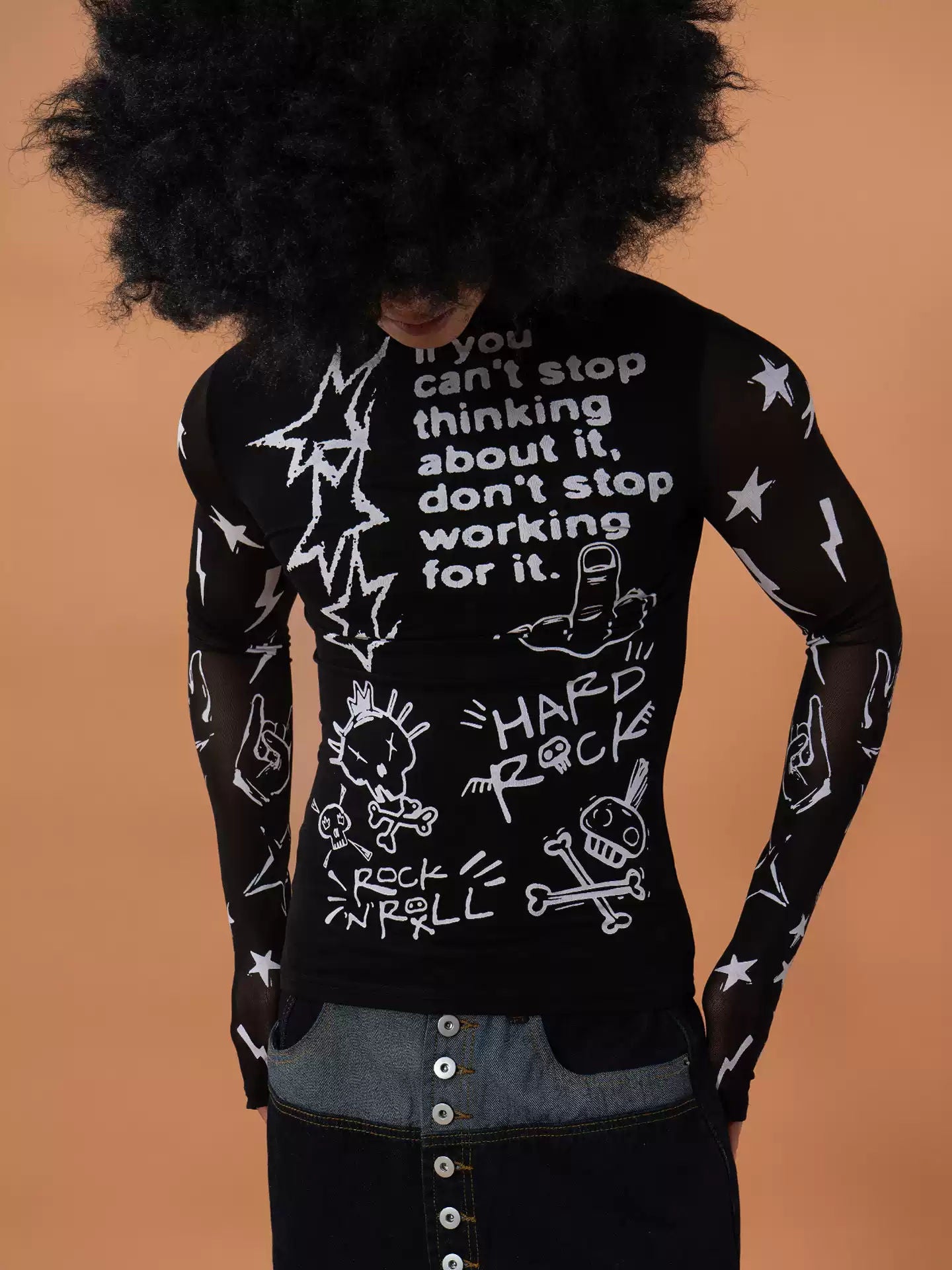 CLP Black Graffiti Print Cutout Mesh Long Sleeve T-Shirt Slim Fit Streetwear