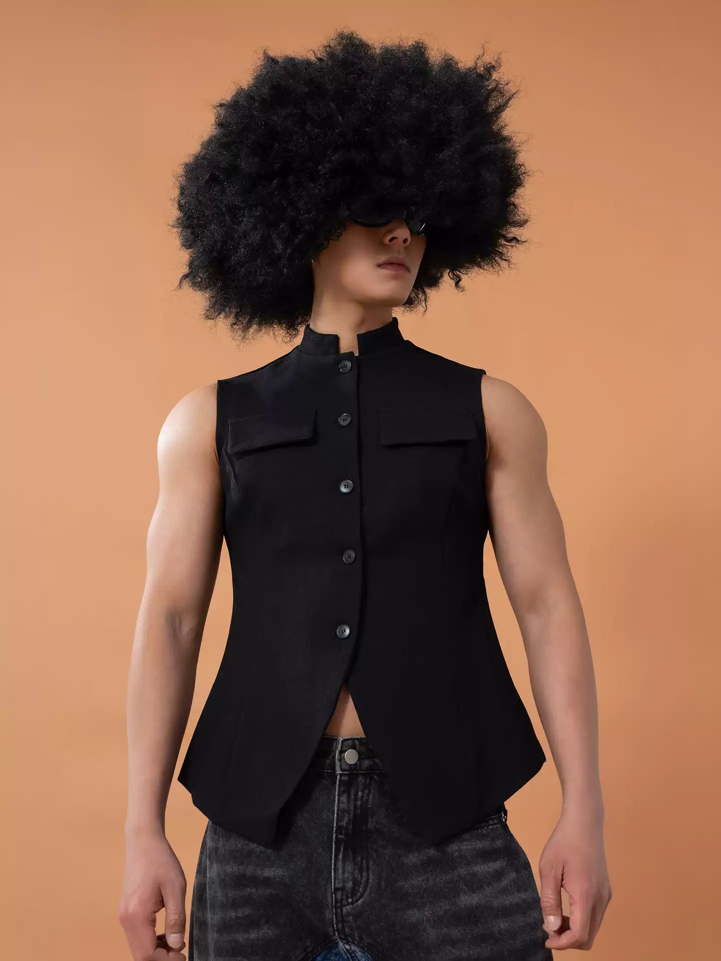CLP Black Slim Stand Collar Chinese Tunic Vest Men's Women's Retro Short