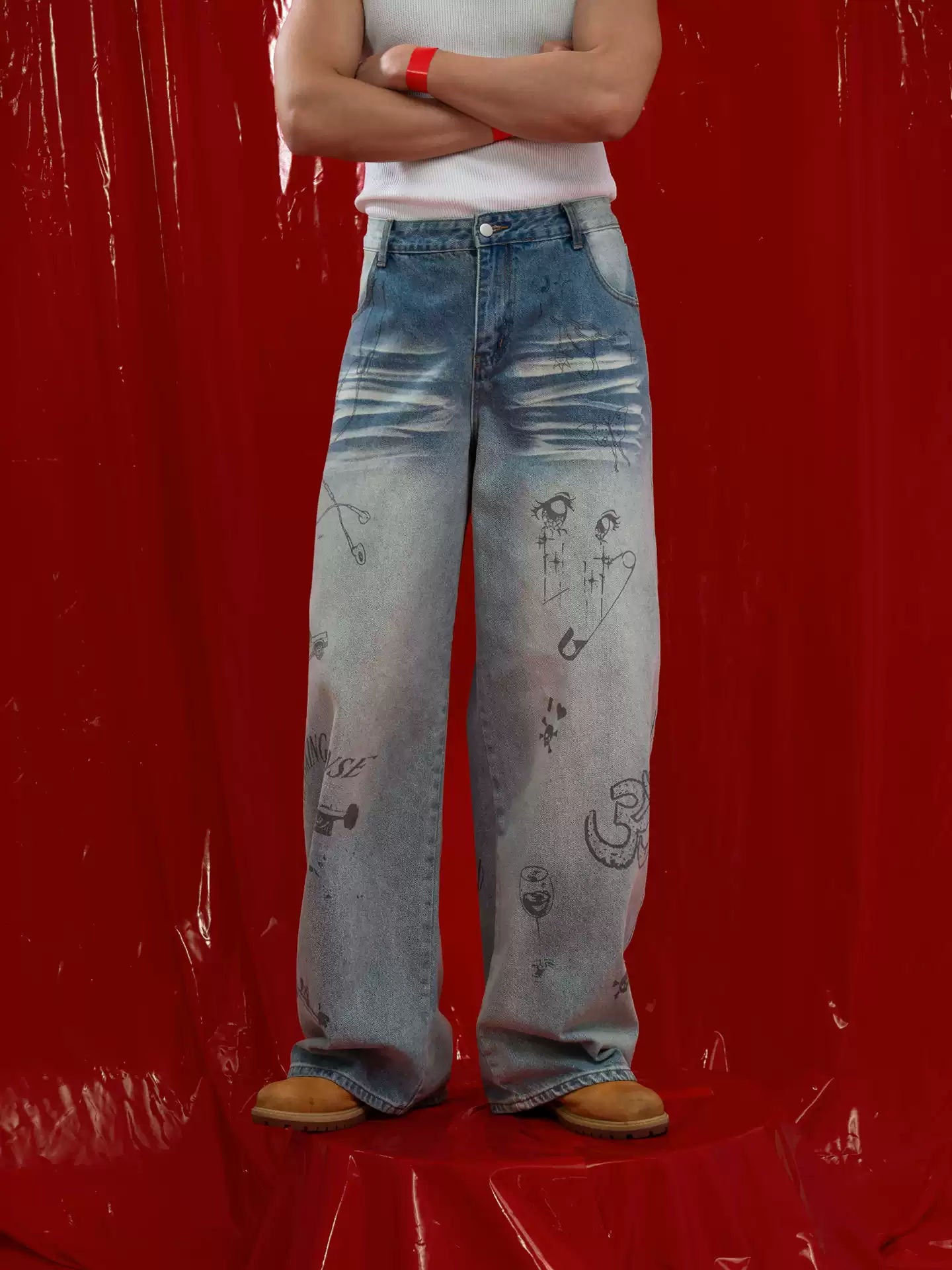 Blue Cartoon Graffiti Print Jeans Men's Loose Straight Retro Washed Gradient Casual Streetwear