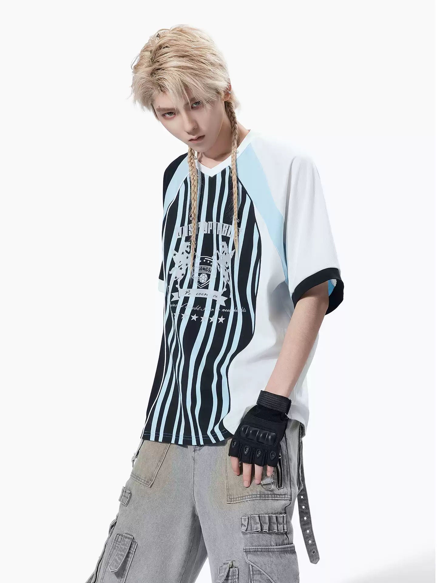 MOGONGSHE American Retro Striped Baseball Jersey T-Shirt Raglan Sleeve Loose Fit