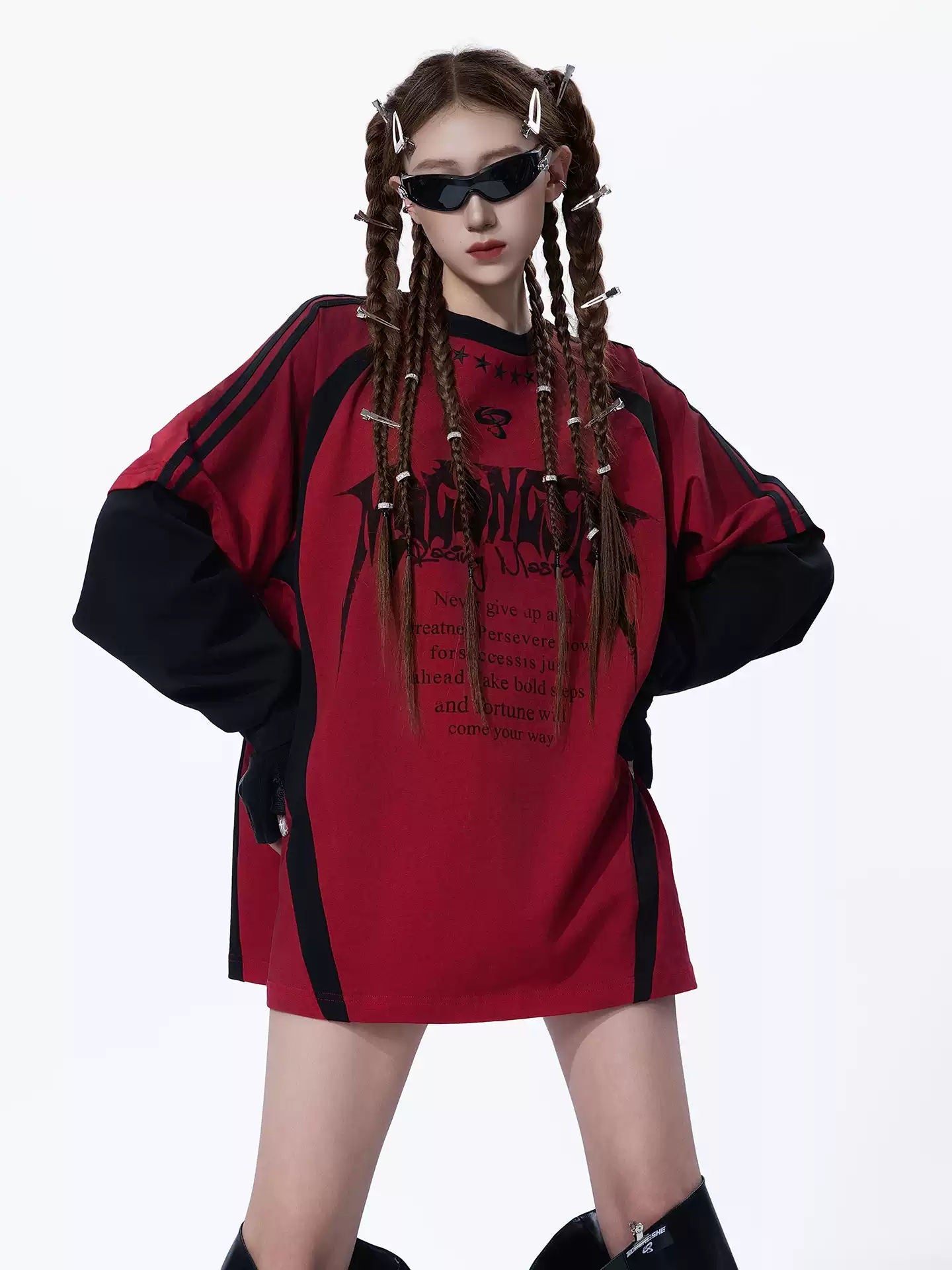 MOGONGSHE Dark Street Style Contrast Color Long Sleeve T-Shirt With Patchwork Distressed Print Logo