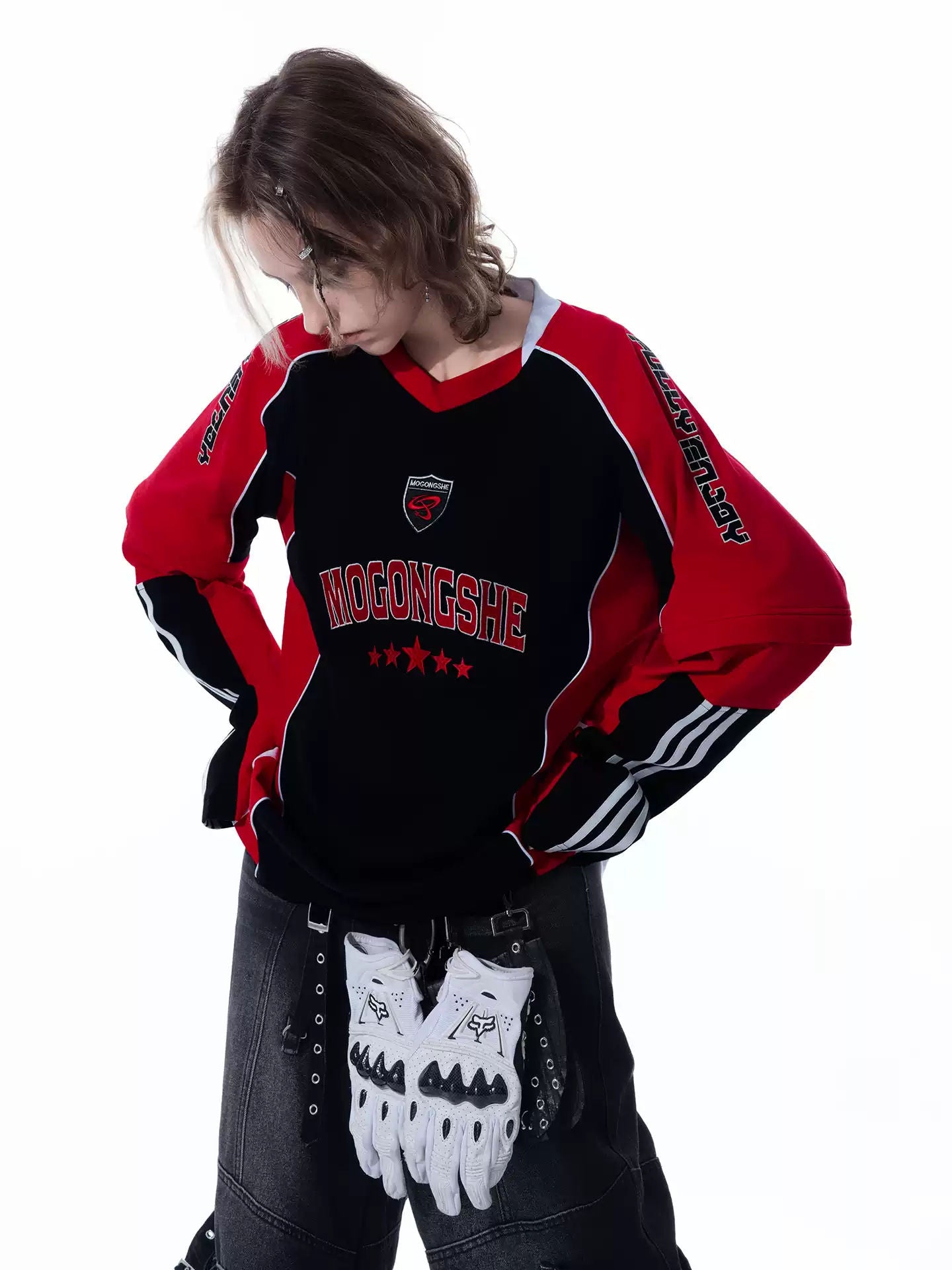 MOGONGSHE American Retro Heavy Washed Motorcycle Patchwork Embroidery Long Sleeve Detachable T-Shirt