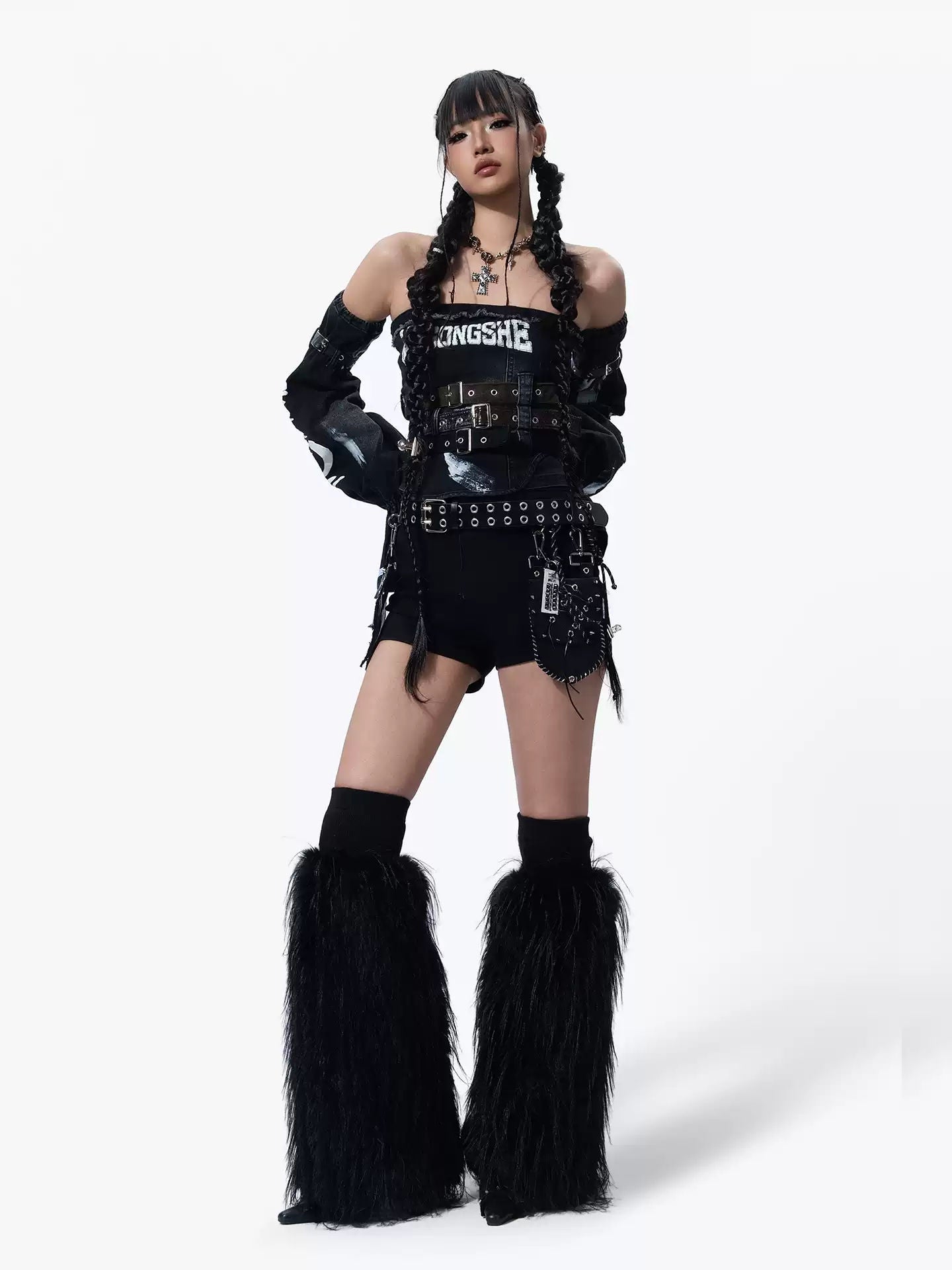 MOGONGSHE American Retro Sexy Tube Top Crop Top Letter Pattern Denim Bustier Set