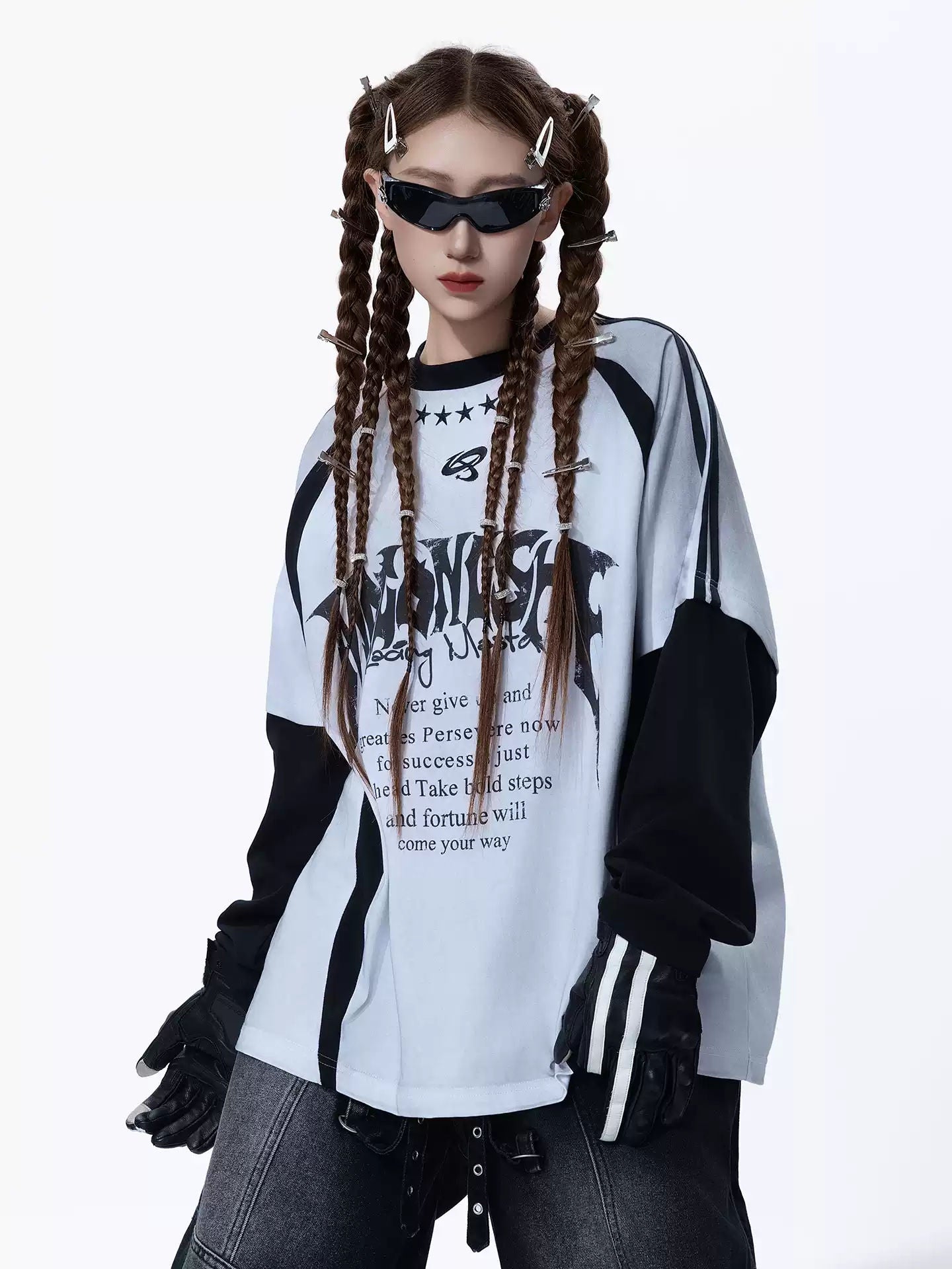 MOGONGSHE Dark Street Style Contrast Color Long Sleeve T-Shirt With Patchwork Distressed Print Logo