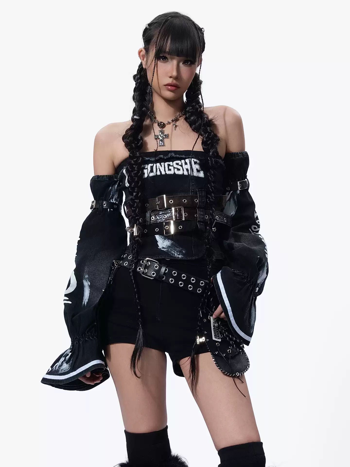 MOGONGSHE American Retro Sexy Tube Top Crop Top Letter Pattern Denim Bustier Set