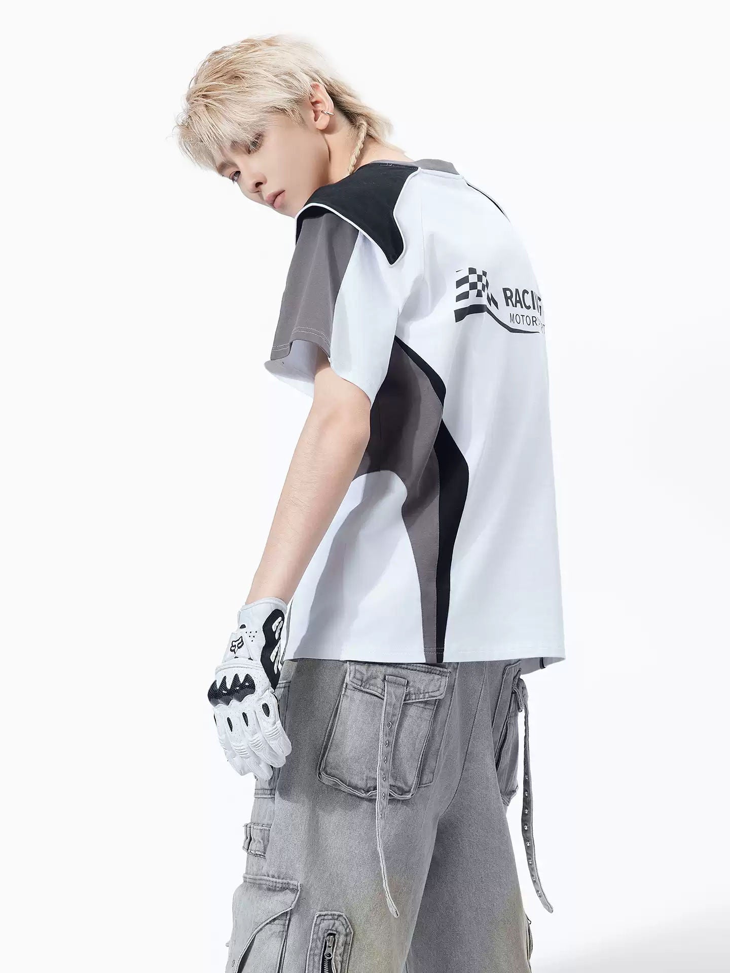 American Retro Racing Style Patchwork Short Sleeve T-Shirt With Shoulder Armor Contrast Color