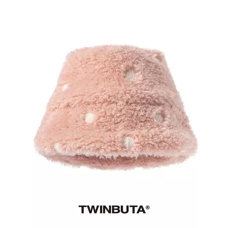 TWINBUTA Pink Fleece Polka Dot Embroidery Bucket Hat Winter Warm