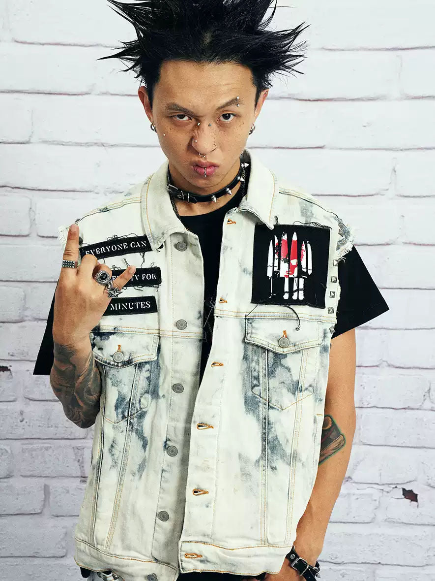 Venturek Vintage Washed Distressed Frayed Denim Vest Men's Loose Fit