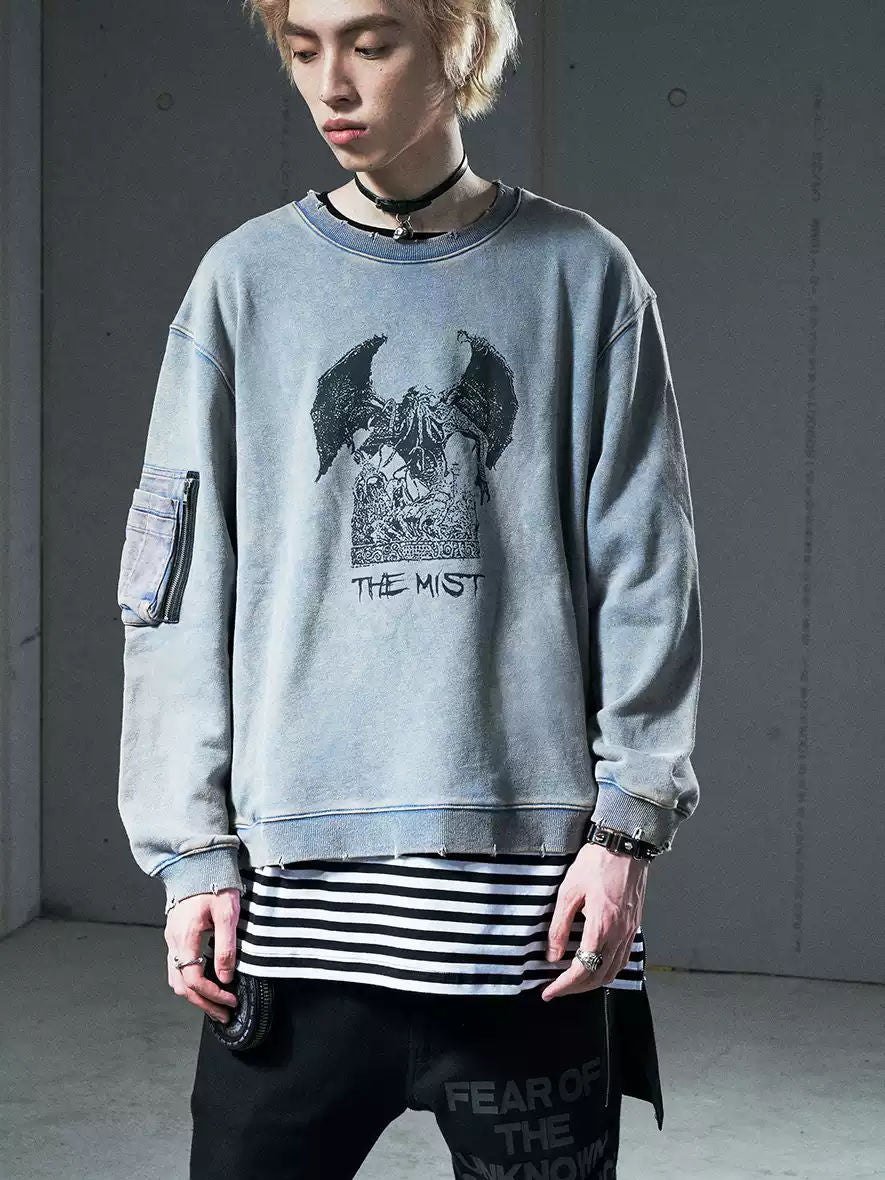 VENTUREK Punk Rock Hip Hop Destroyed Relaxed Casual Print Washed Crew Neck Pullover Hoodie