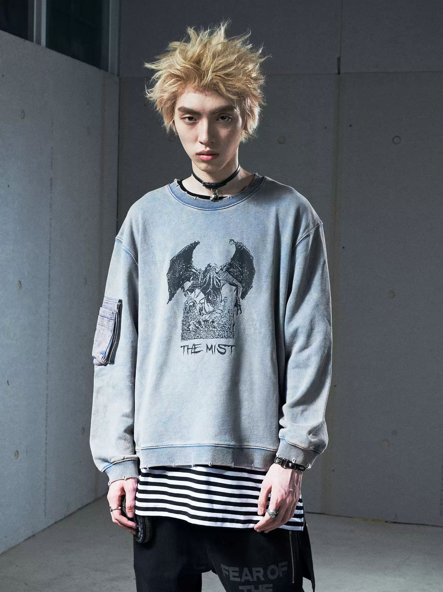 VENTUREK Punk Rock Hip Hop Destroyed Relaxed Casual Print Washed Crew Neck Pullover Hoodie
