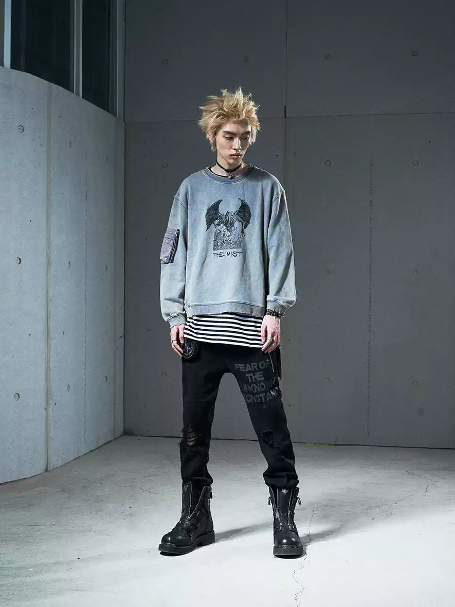 VENTUREK Punk Rock Destroyed Zip Design Casual Slim Fit Washed Black Pants