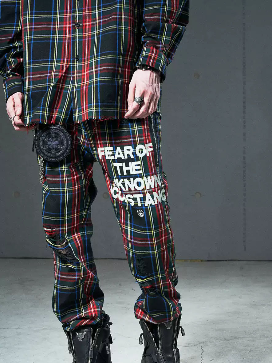 VENTUREK Punk Rock Zipper Design Casual Slim Fit Plaid Trousers