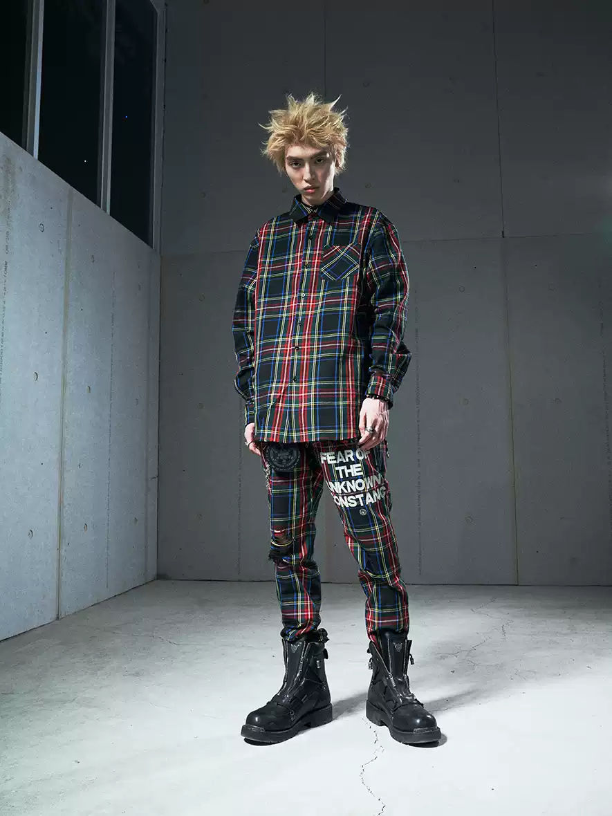 VENTUREK Punk Rock Zipper Design Casual Slim Fit Plaid Trousers