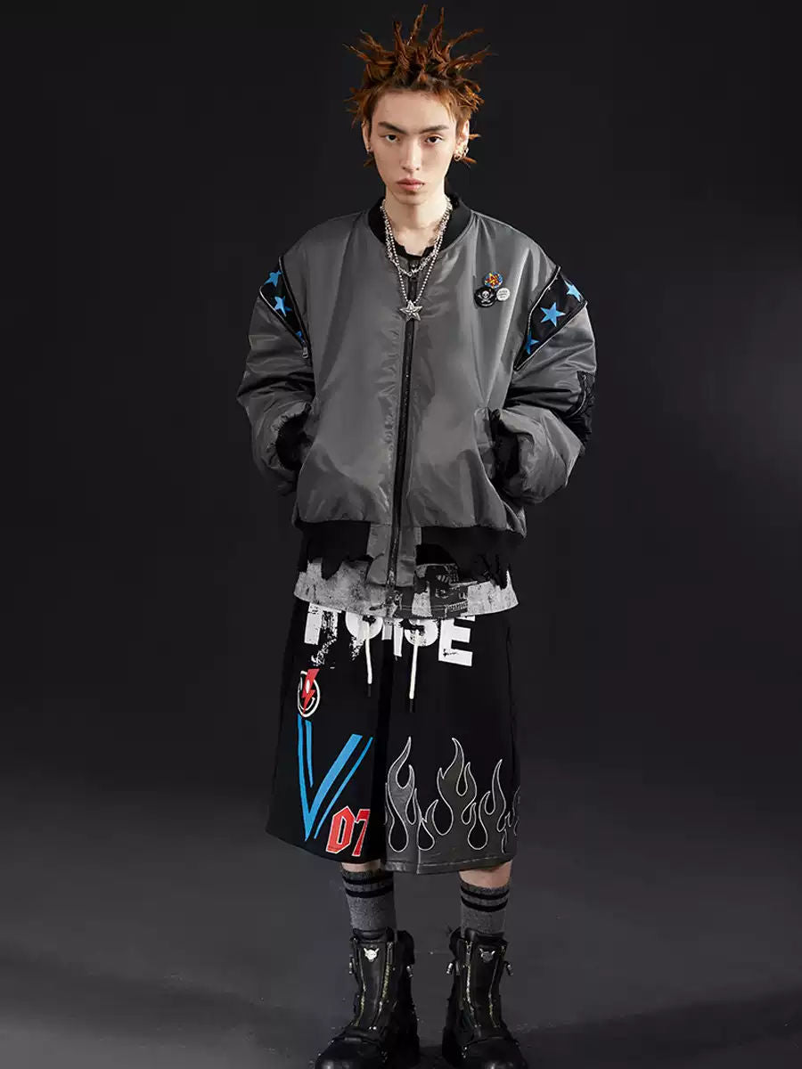 VENTUREK Vintage Punk Zipper Distressed Quilted Bomber Jacket Men's Loose Fit Winter MA1