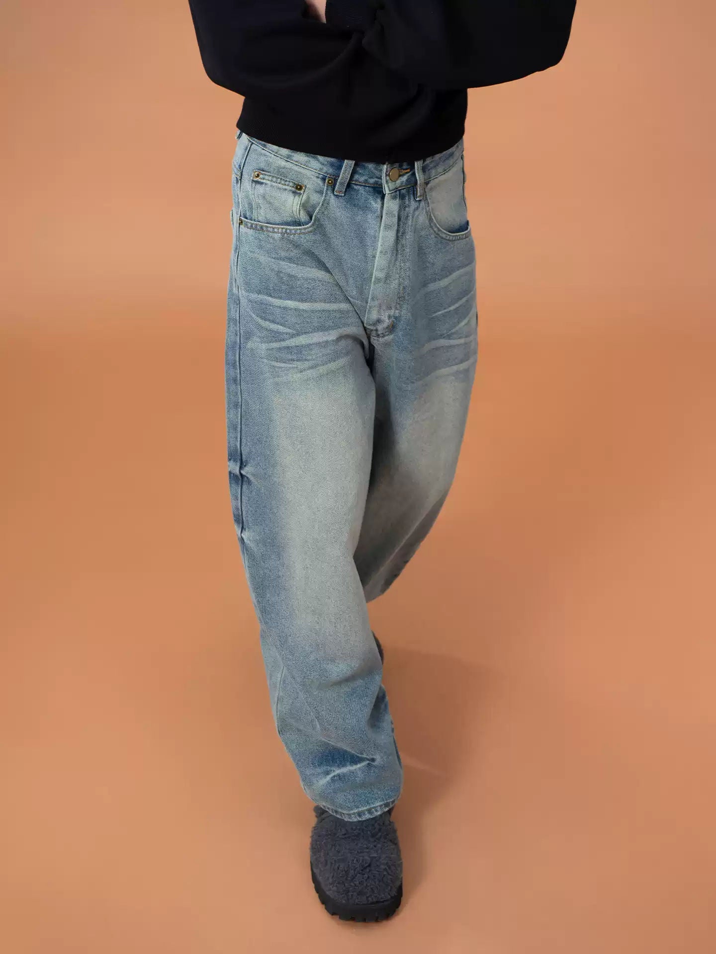 CLP Blue Crease Print Design Jeans Men Loose Wide Leg Straight Retro Casual Washed Curved Knife Pants