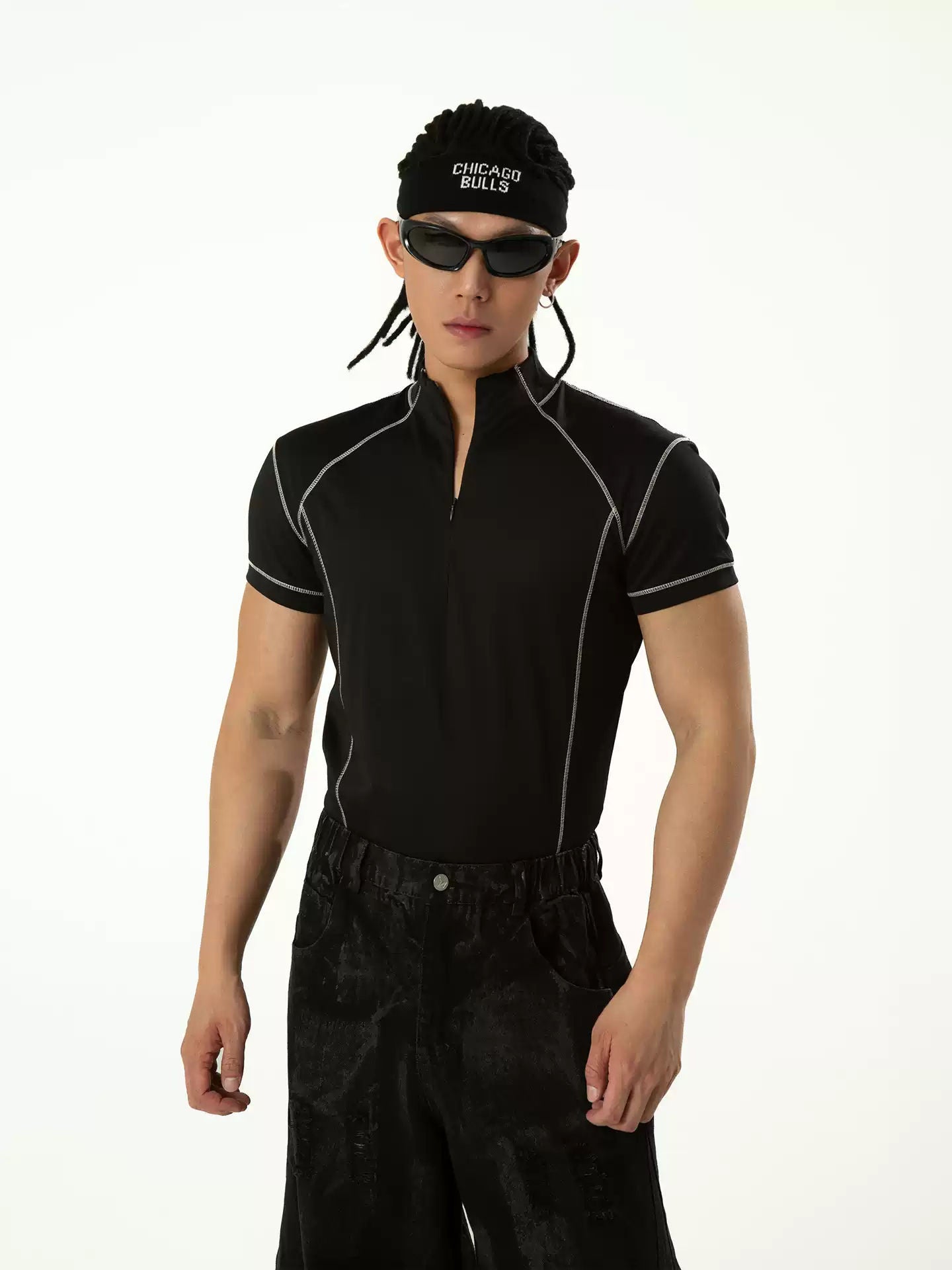 CLP Black Structural Line Half Open Collar Short Sleeve T-Shirt Men's Slim Fit Sport Casual Y2K