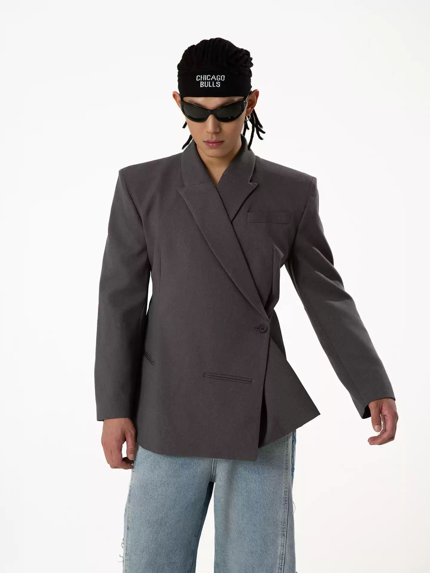 CLP Black Gray Waist Button Casual Blazer Men's Retro Wide Shoulder Wool