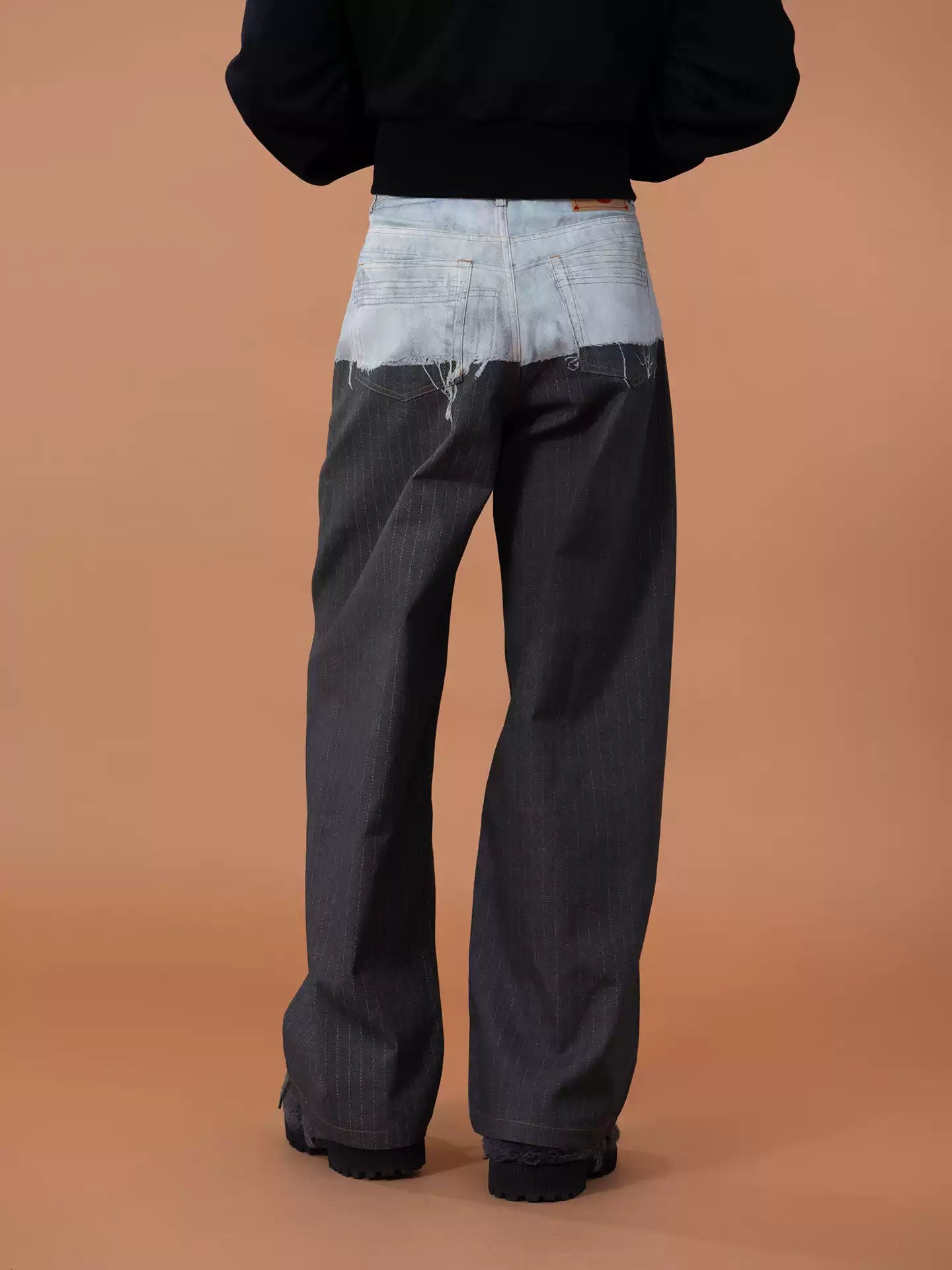 CLP Gray Contrast Pocket Print Stripe Jeans Men's Loose Wide Leg Straight Casual Streetwear Retro