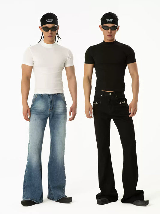 CLP Black White High Neck Slim Fit Knit T-Shirt Men's Stretch Casual Y2K