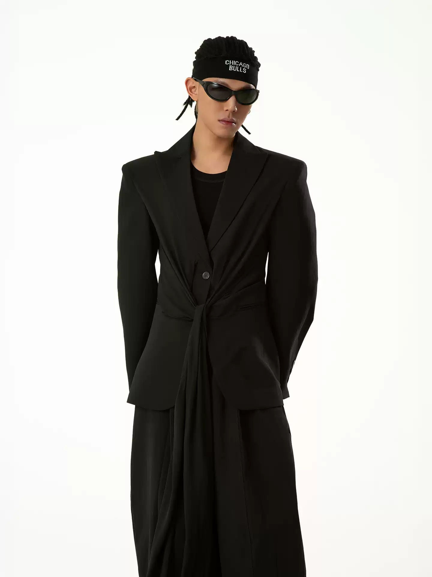 Black Ribbon Pleated Waist Blazer Men's Women's Long Sleeve Retro Deconstructed Wool Chic