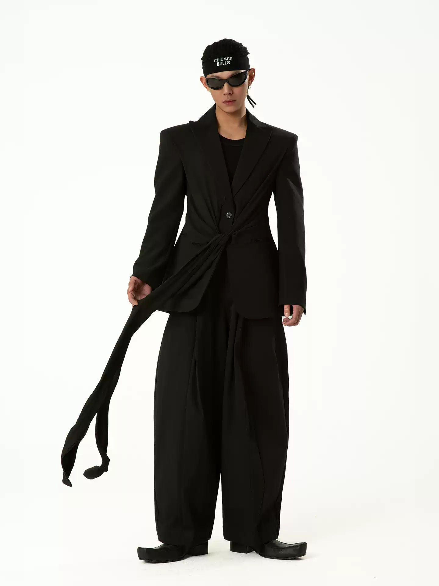 Black Ribbon Pleated Waist Blazer Men's Women's Long Sleeve Retro Deconstructed Wool Chic