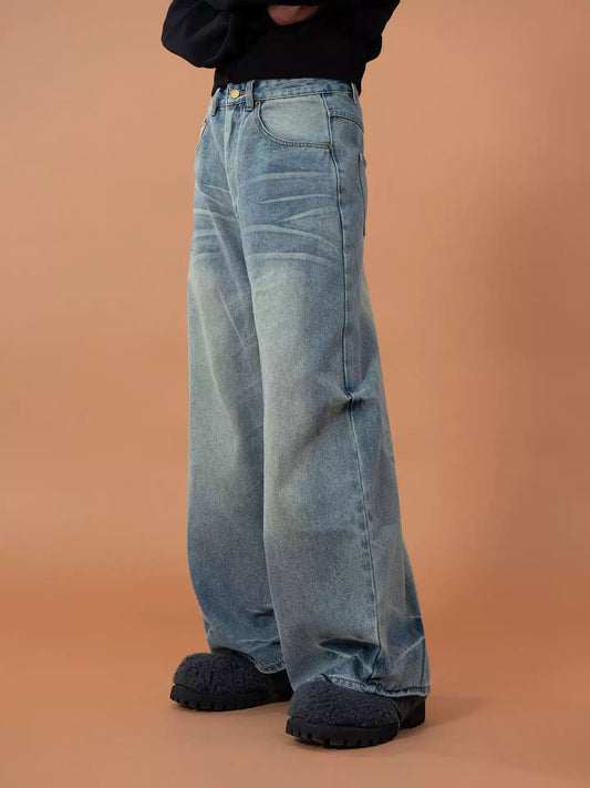 CLP Blue Crease Print Design Jeans Men Loose Wide Leg Straight Retro Casual Washed Curved Knife Pants