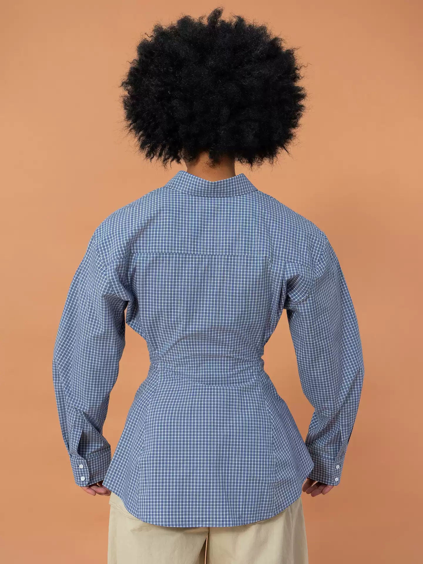 Blue Plaid Hourglass Waist Long Sleeve Shirt Slim Fit Retro