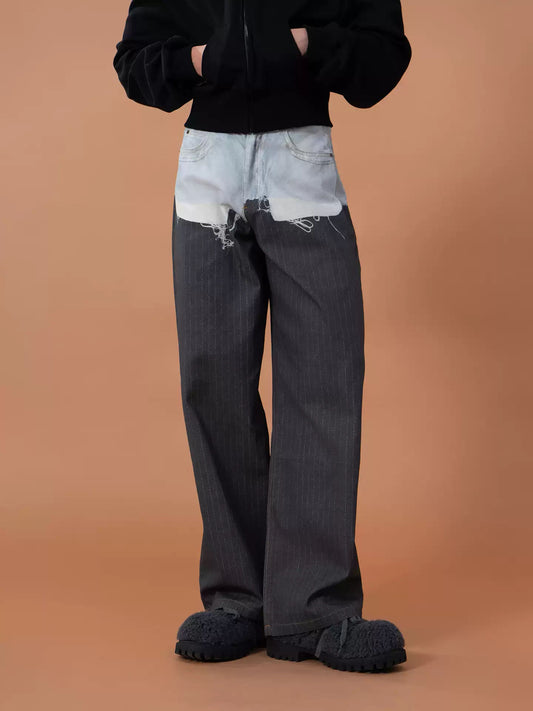 CLP Gray Contrast Pocket Print Stripe Jeans Men's Loose Wide Leg Straight Casual Streetwear Retro