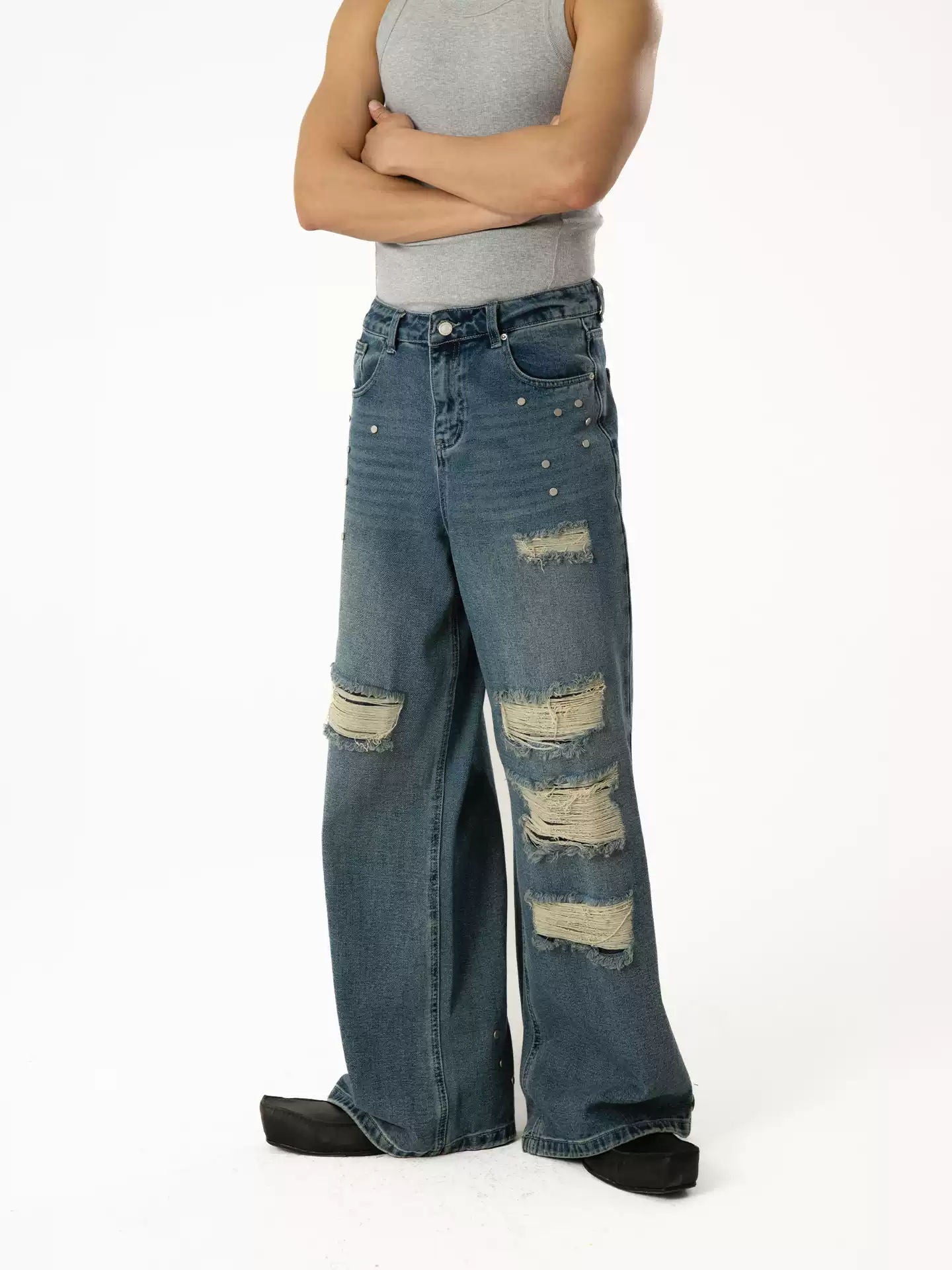 Blue Ripped Rivet Double Layer Jeans Men's Loose Straight Wide Leg Retro Washed Y2K