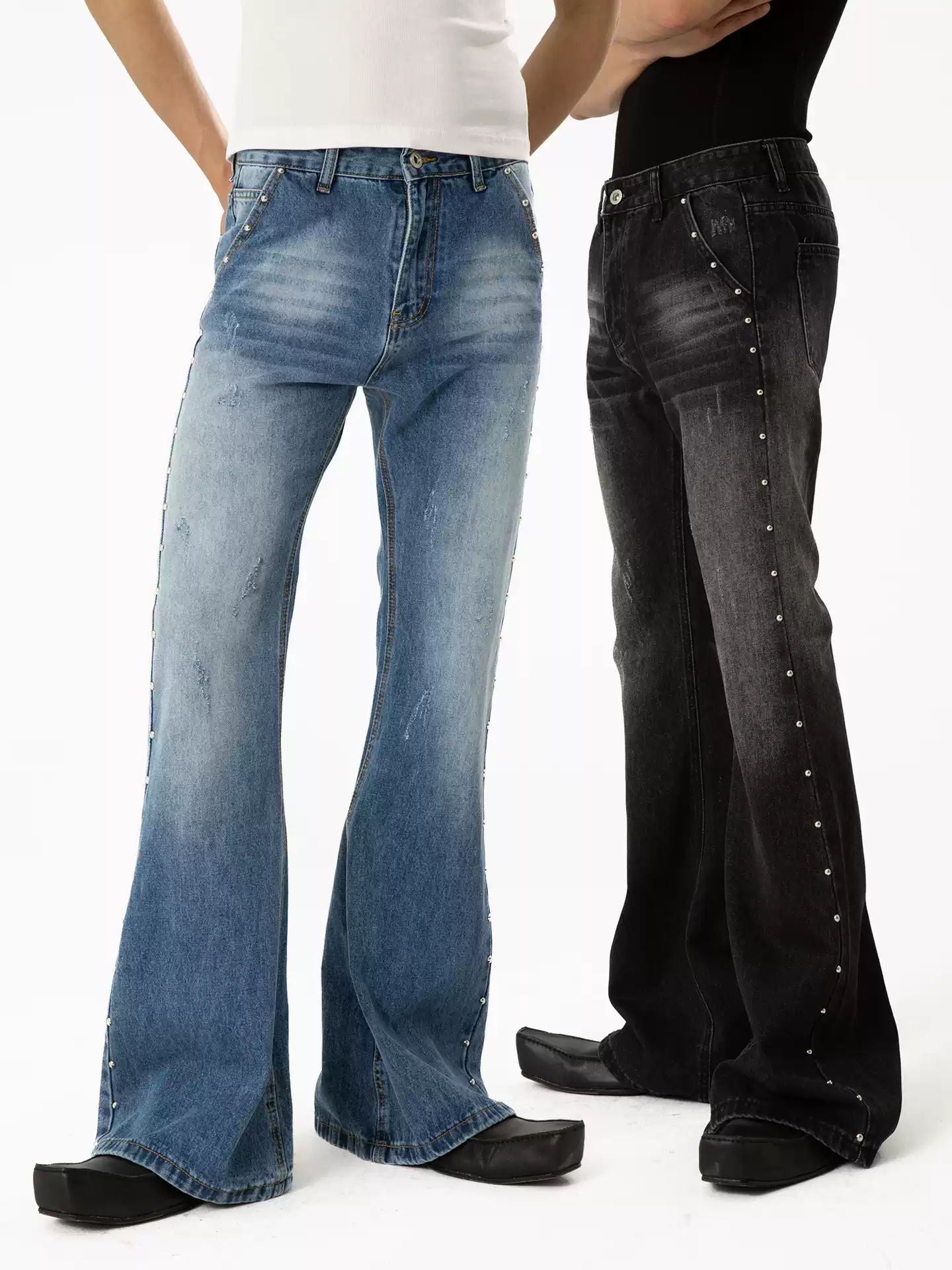 CLP Blue Black Rivet Flare Jeans Men's Slim Straight Retro Washed Streetwear Y2K