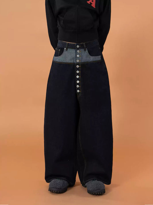 Blue Patchwork Button Work Jeans Men's Loose Straight High Waist Retro Streetwear
