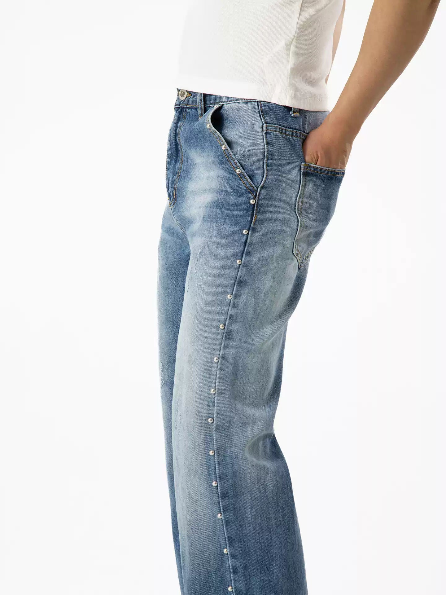 CLP Blue Black Rivet Flare Jeans Men's Slim Straight Retro Washed Streetwear Y2K